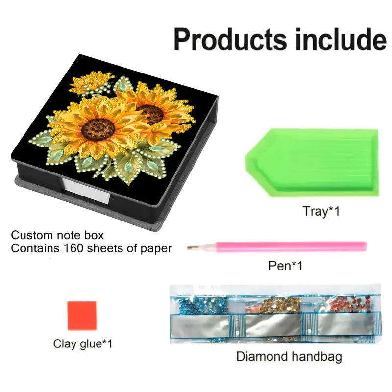Product list with a custom note box, tray, pen, clay glue, and diamond handbag on a white background.