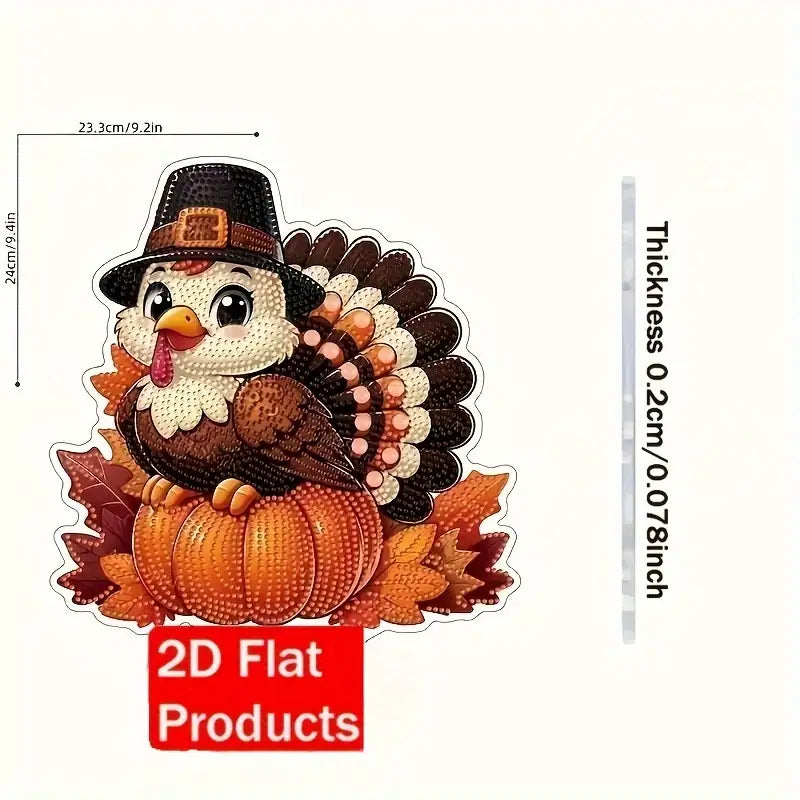 Thanksgiving Turkey Sparkle Hanger Diamond Painting Kit. An acrylic hanging of a turkey wearing a pilgrim hat and sitting on a pumpkin, surrounded by leaves, made with crystal rhinestones.