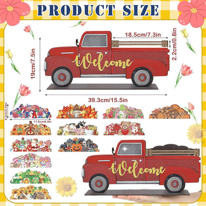 Red truck-shaped decorative item with 'Welcome' text, shown with measurements and other small items for scale.