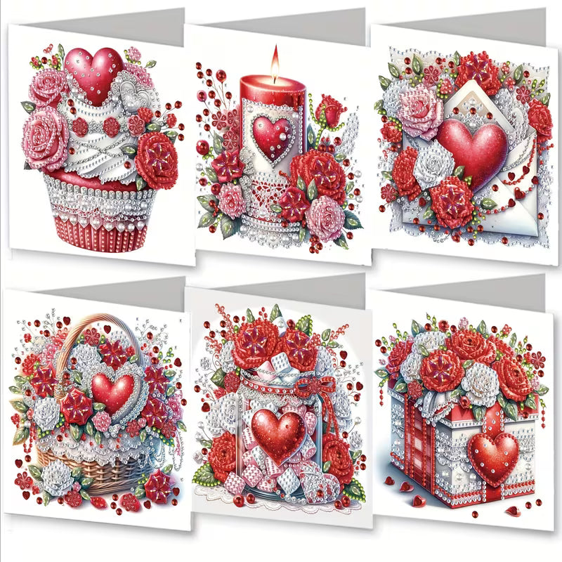 A set of six DIY diamond painting Valentine's cards featuring romantic designs like a cupcake, candle, and heart-filled jar decorated with crystal rhinestone