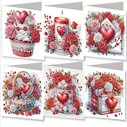 A set of six DIY diamond painting Valentine's cards featuring romantic designs like a cupcake, candle, and heart-filled jar decorated with crystal rhinestone