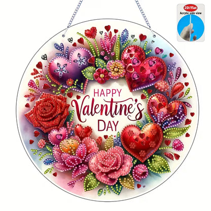 Decorative round panel with Valentine's Day design featuring hearts, flowers, and 'Happy Valentine's Day' text.