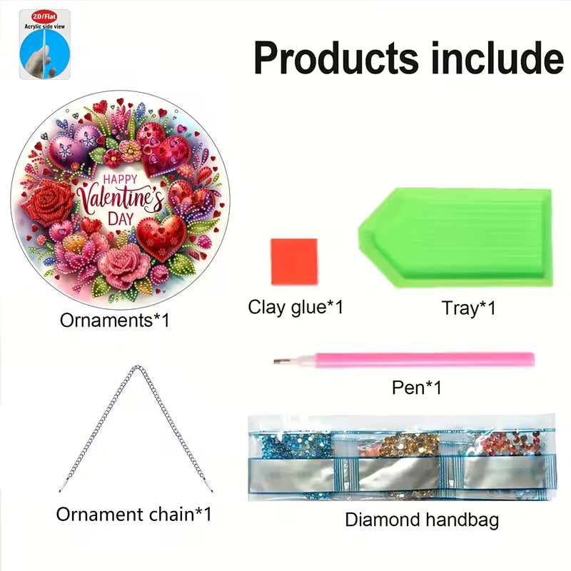 Set of Valentine's Day-themed items including ornaments, clay glue, tray, pen, ornament chain, and diamond bag on a white background.