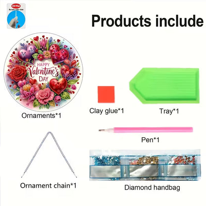 Set of Valentine's Day-themed items including ornaments, clay glue, tray, pen, ornament chain, and diamond bag on a white background.