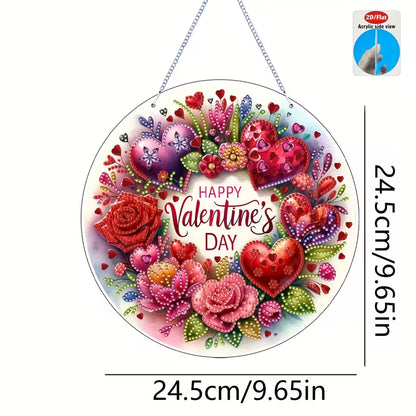 Round decorative item with Valentine's Day design, flowers, and hearts on a white background.