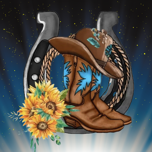 Cowboy boots, hat, and sunflowers against a dark, glowing background. Western diamond painting kit.