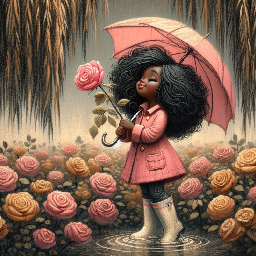 A young girl dreams among vibrant flowers and memories of bliss, all while immersed in the enchanting scent of roses. A unique blend of nostalgia and luxury, This captivating artwork will add a touch of elegance to any space.