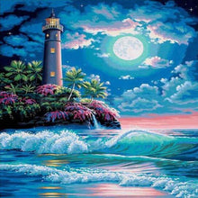Load image into Gallery viewer, Lighthouse perched in the blue ocean rippling waves, surrounded by lush green plants under the neon moon diamond art kit
