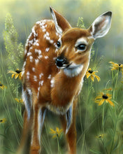 Load image into Gallery viewer, Artistic  baby deer among the lush green grass and yellow dandelions
