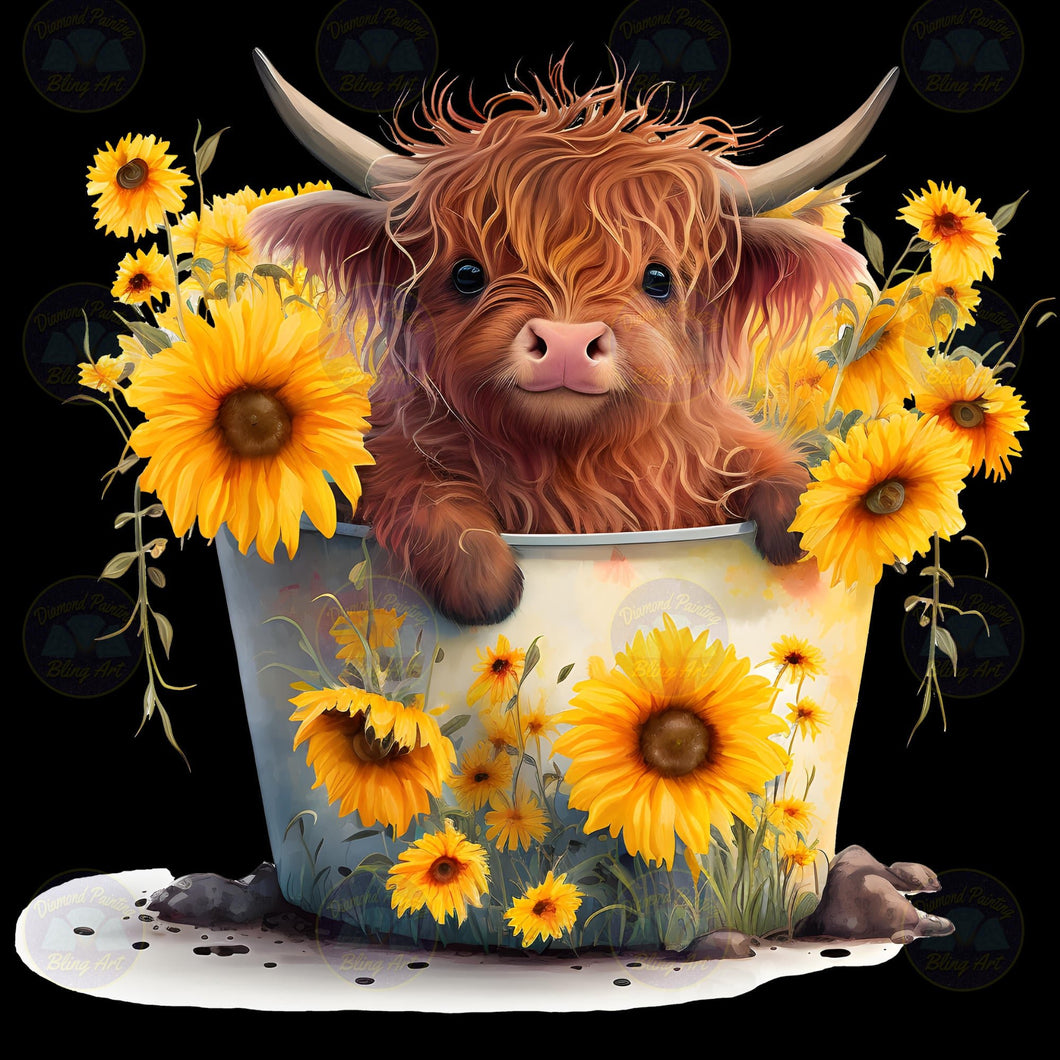 Baby Highland Cow with Sunflowers - Diamond Painting Bling Art