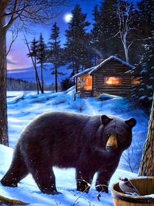 Bear with Cabin - Diamond Painting Bling Art winter scene trees snow