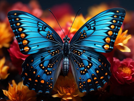 Blue Butterfly with Colored Flowers - Diamond Painting Bling Art