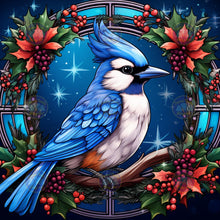 Cargar imagen en el visor de la galería, Blue Jay Holiday Wreath Stain Glass - Diamond Painting Bling Art
