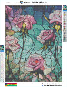 Crystal Pink Roses Stain Glass - Diamond Painting Bling Art
