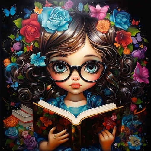  bright eyed girl lost in a book surrounded by beautiful, vibrant flowers, Diamond Painting Bling Art