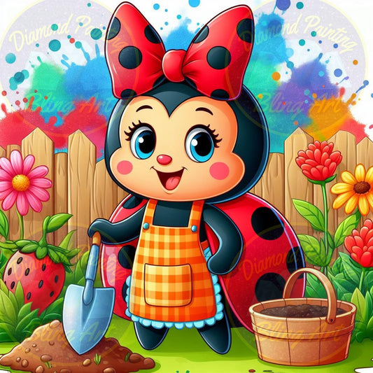 Ladybug Garden Buddy Diamond Painting Kit. A cute ladybug wearing an apron and a bow, holding a shovel in a colorful garden with flowers and a fence