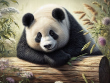 Load image into Gallery viewer, a black and white Panda bear perched on a log- Diamond Painting Bling Art
