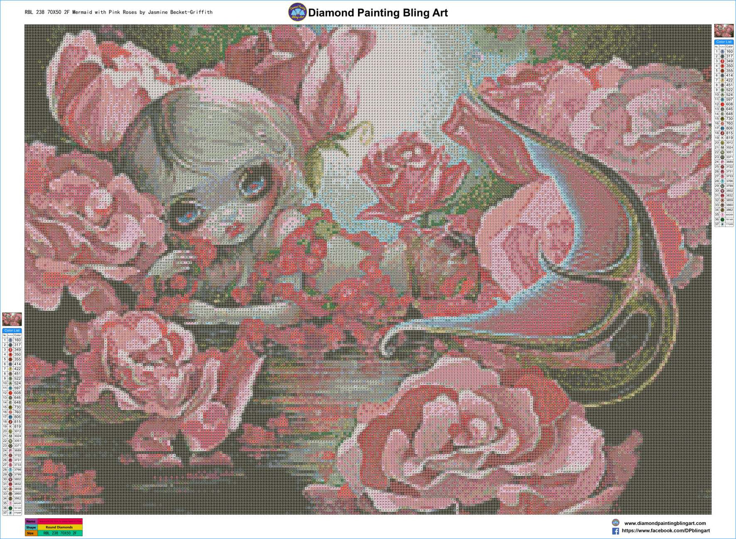 Mermaid with Pink Roses by Jasmine Becket-Griffith - Diamond Painting Bling Art