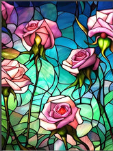 Load image into Gallery viewer, Pink Roses Stain Glass Crystal - Diamond Painting Bling Art

