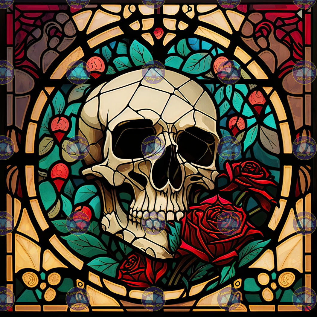 Diamond-art-diy-kit stainglass-skull with red roses
