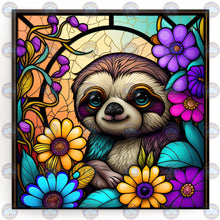 Load image into Gallery viewer, Sloth surrounded by beautiful blue, yellow pink and purple flowers Stain Glass DIY diamond art kit- Diamond Painting Bling Art
